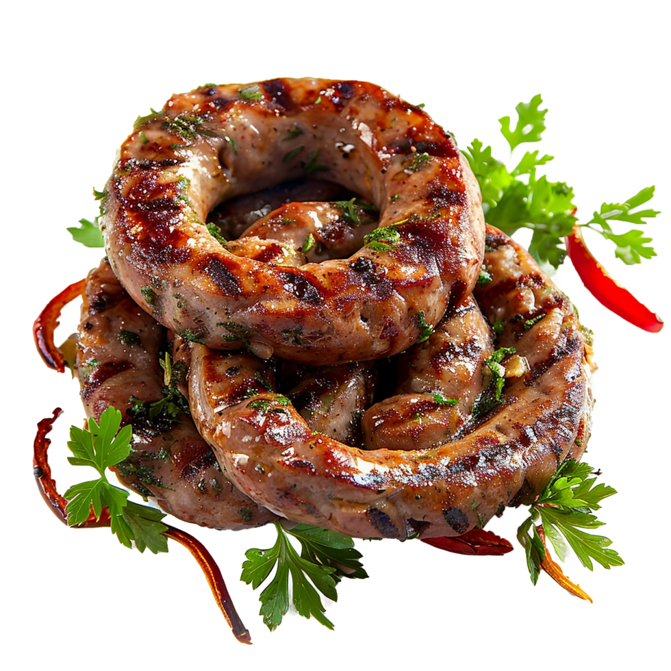 Delicious Grilled Ring Sausages with Parsley and Chili Peppers png