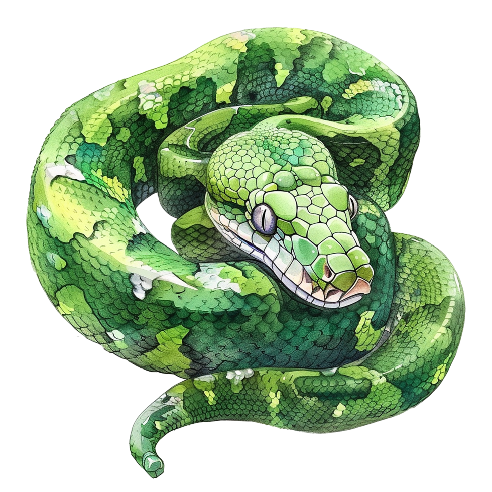 Stunning Watercolor Painting of a Green Tree Python Coiled in a Circle png
