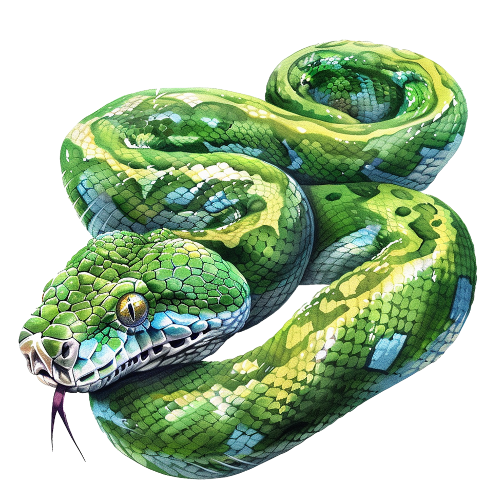 Stunning Watercolor Painting of a Green Tree Python Snake Showing Intricate Scales and Vibrant Colors png