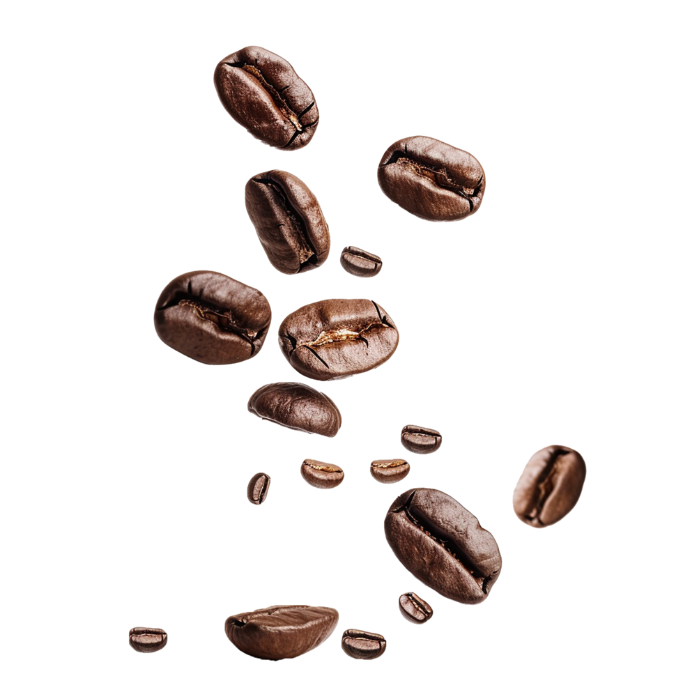 Roasted Coffee Beans Falling in Slow Motion Against a Light Background png