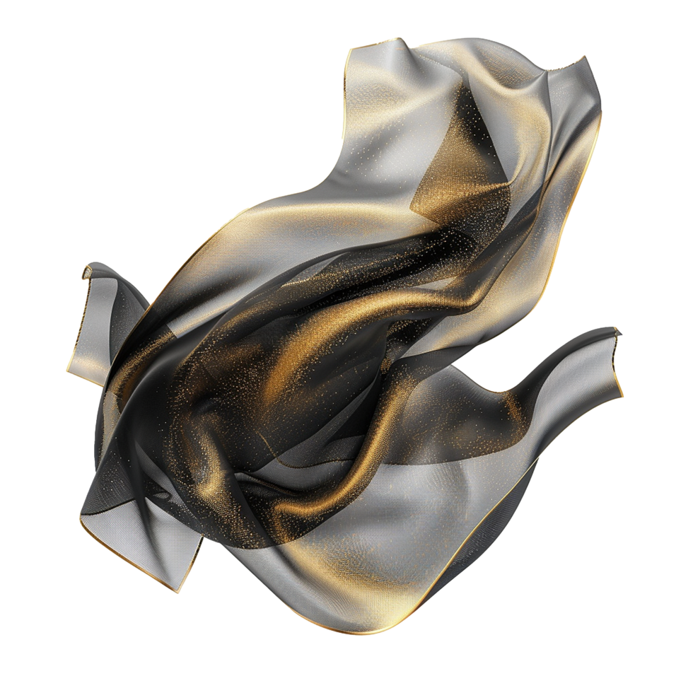 Abstract Black and Gold Fabric Swirling Design, Elegant Luxury Texture, Flowing Silk Material, Shimmering Glitter, Artistic Drape png