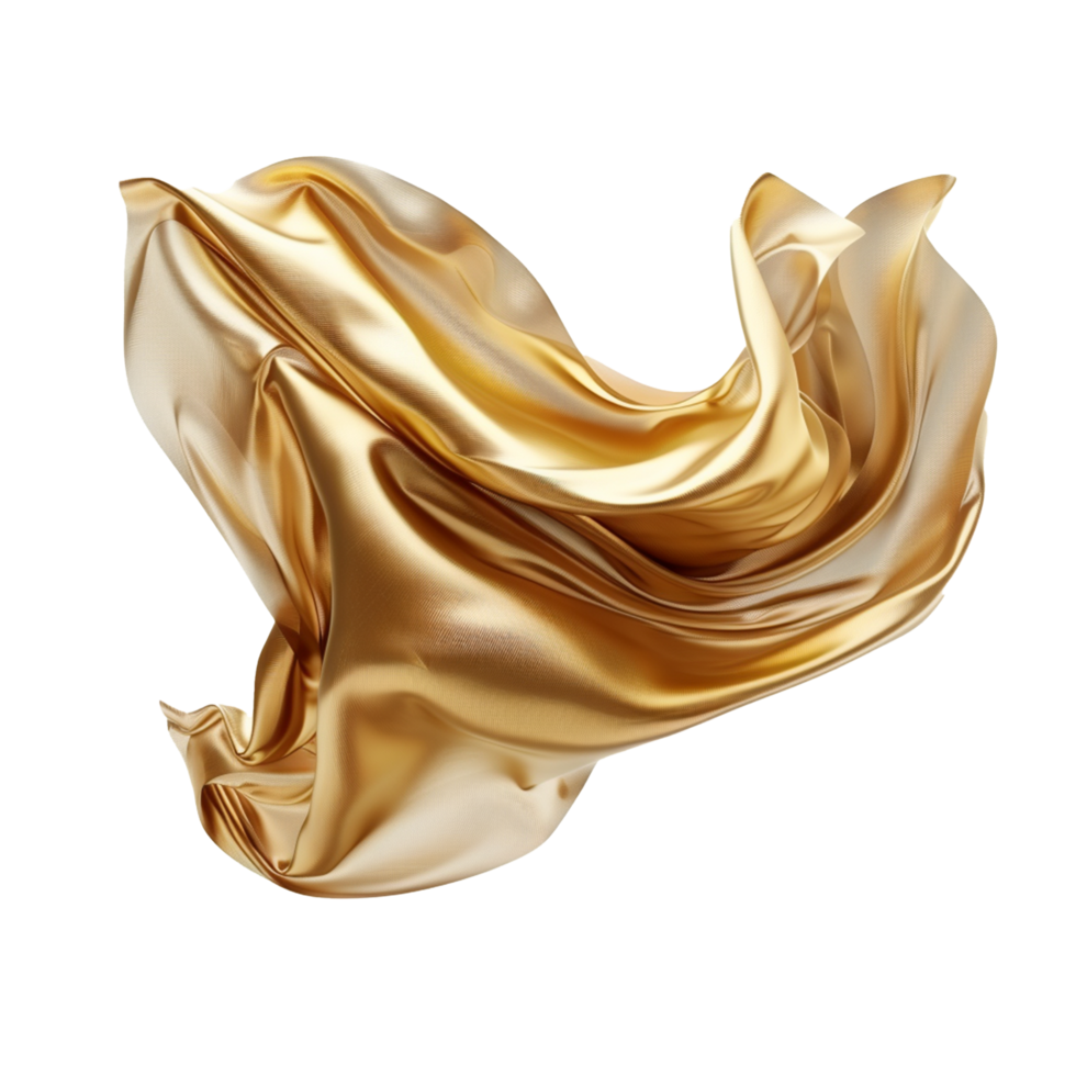 Abstract image of flowing golden silk fabric in motion against a white background png