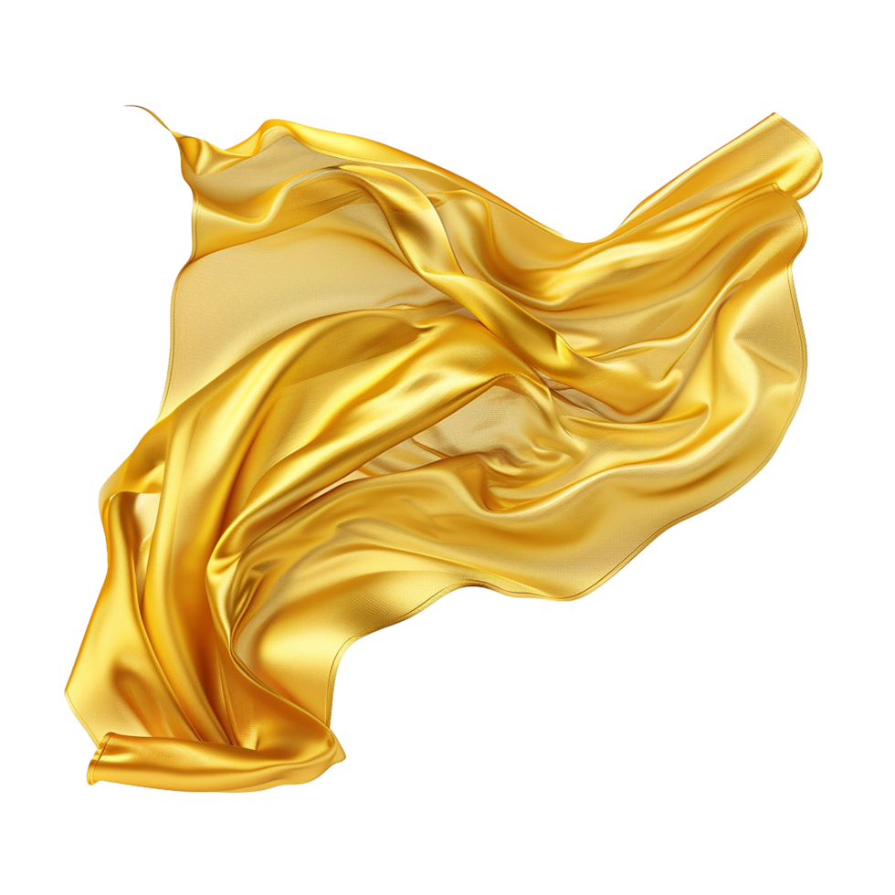 Abstract image of flowing golden silk fabric, luxurious and elegant textile background, smooth satin material texture, wavy folds and drapes, rich golden color, elegant and sophisticated design png