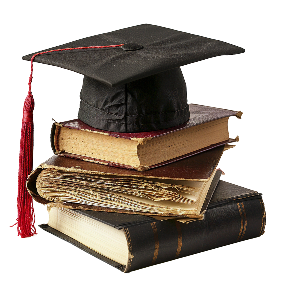 Graduation Cap Atop Stack of Vintage Textbooks Represents Academic Achievement and Knowledge png