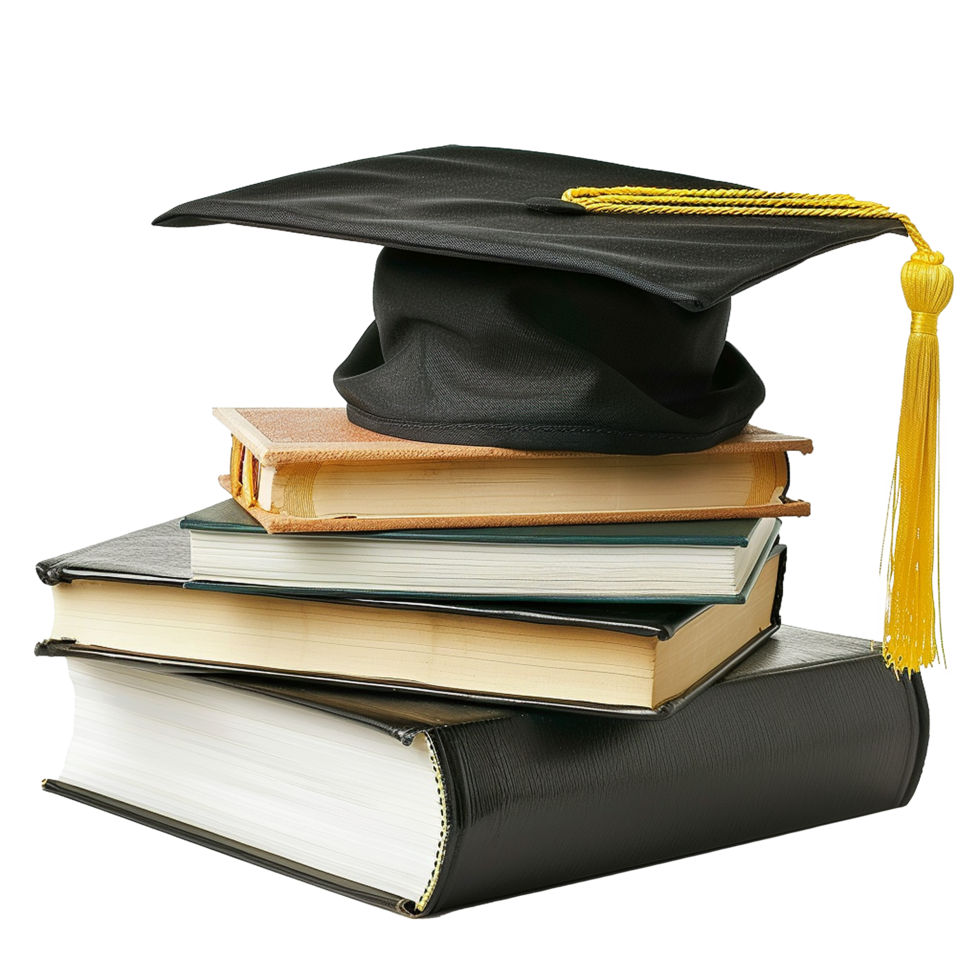 Graduation Cap Atop Stack of Books signifying Education and Knowledge png