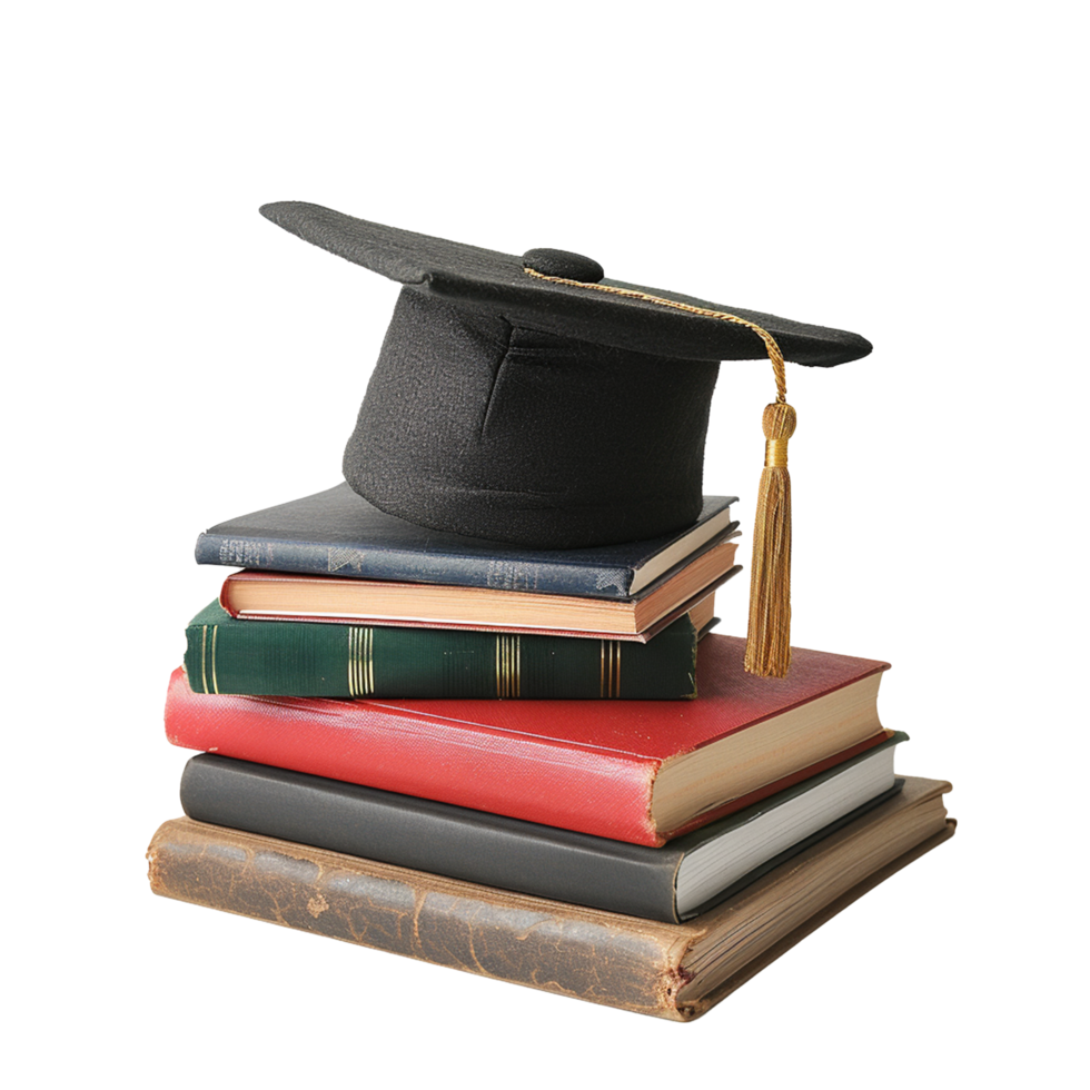 Graduation Cap Resting Atop a Stack of Old Books, Symbolizing Education and Knowledge png