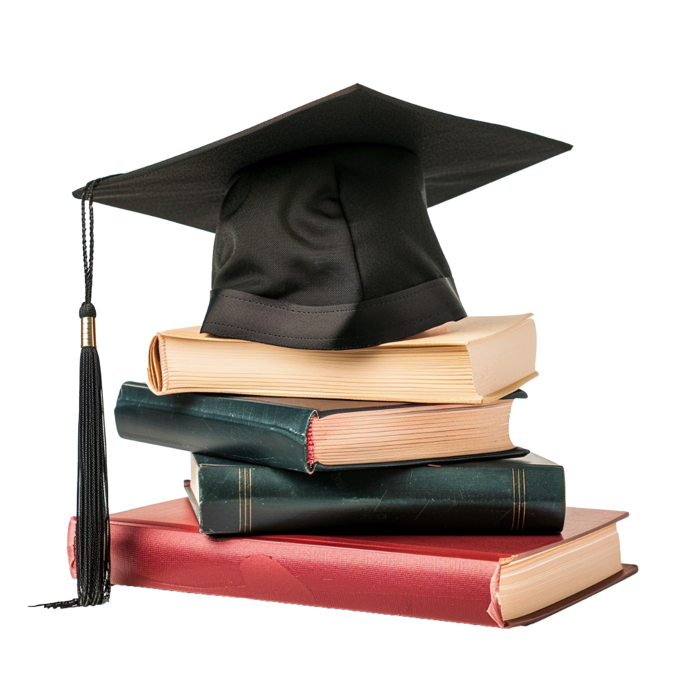 Graduation cap on a stack of books signifying academic achievement and the pursuit of knowledge png