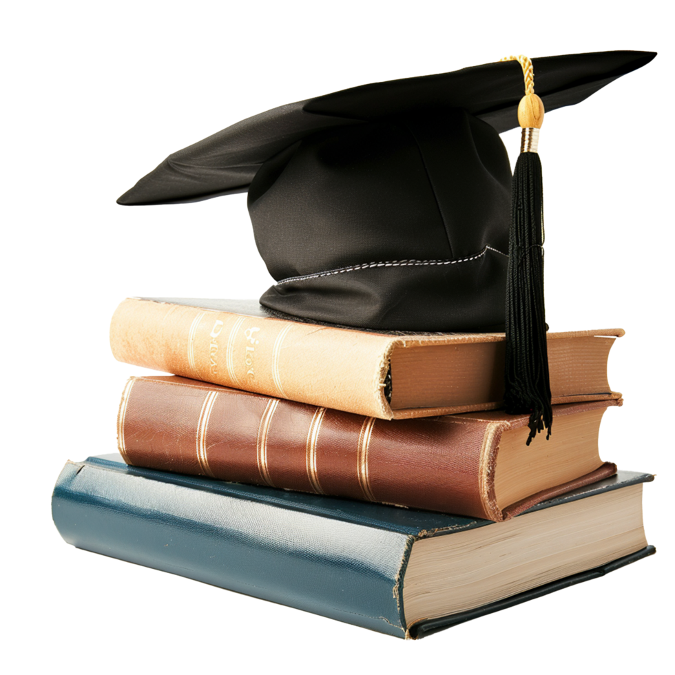 Graduation Cap Rests Atop a Stack of Old Books Symbolizing Education and Learning png