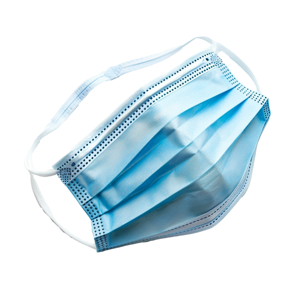Single Light Blue Disposable Face Mask with Ear Loops Isolated on White Background png
