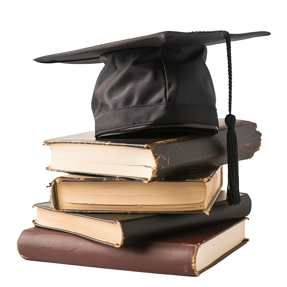 A Graduation Cap Rests Atop a Stack of WellLoved Old Books Representing Academic Achievement and Knowledge png
