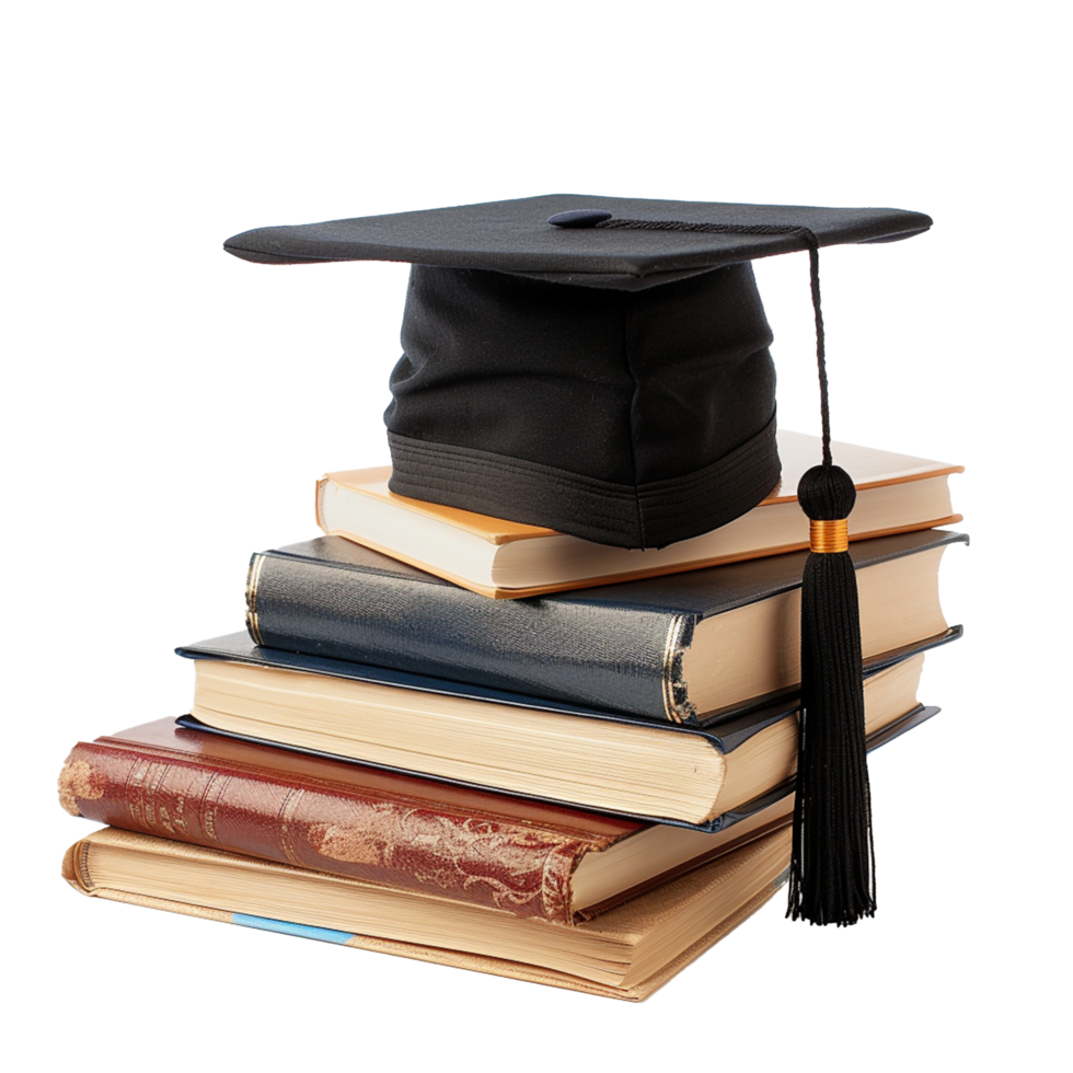 A Graduation Cap Rests Atop a Stack of Books Representing Higher Education and Academic Achievement png