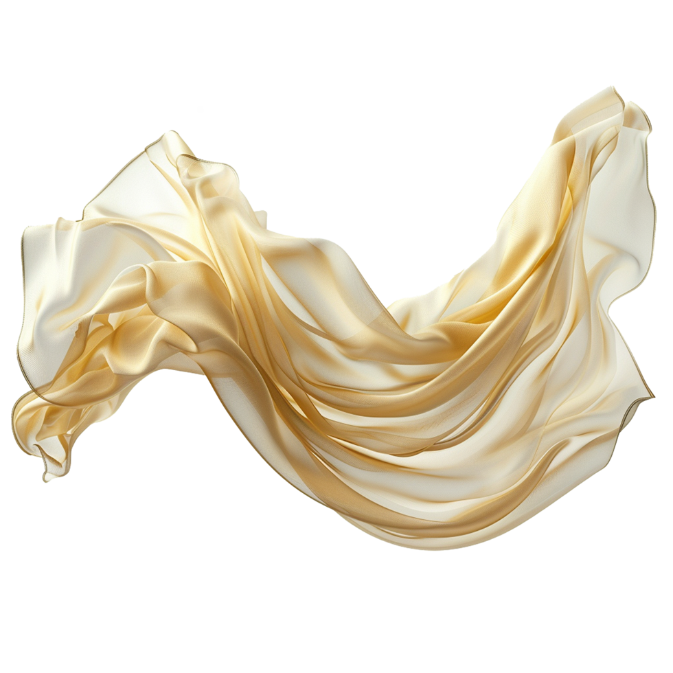Elegant Draped Golden Silk Fabric Swirling in Air White Background Luxurious Texture Smooth Waves Flowing Material png