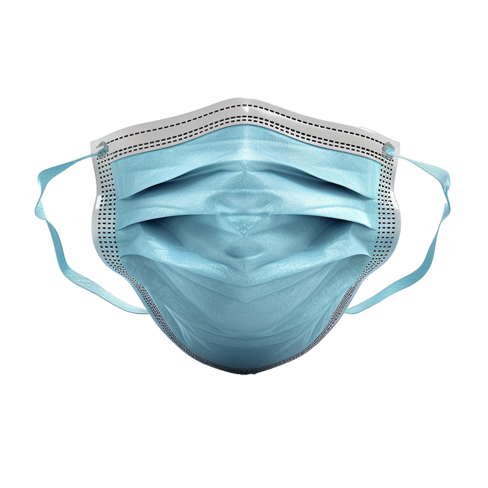 A Detailed Closeup of a Light Blue Disposable Face Mask with Elastic Ear Loops and Nose Bridge png