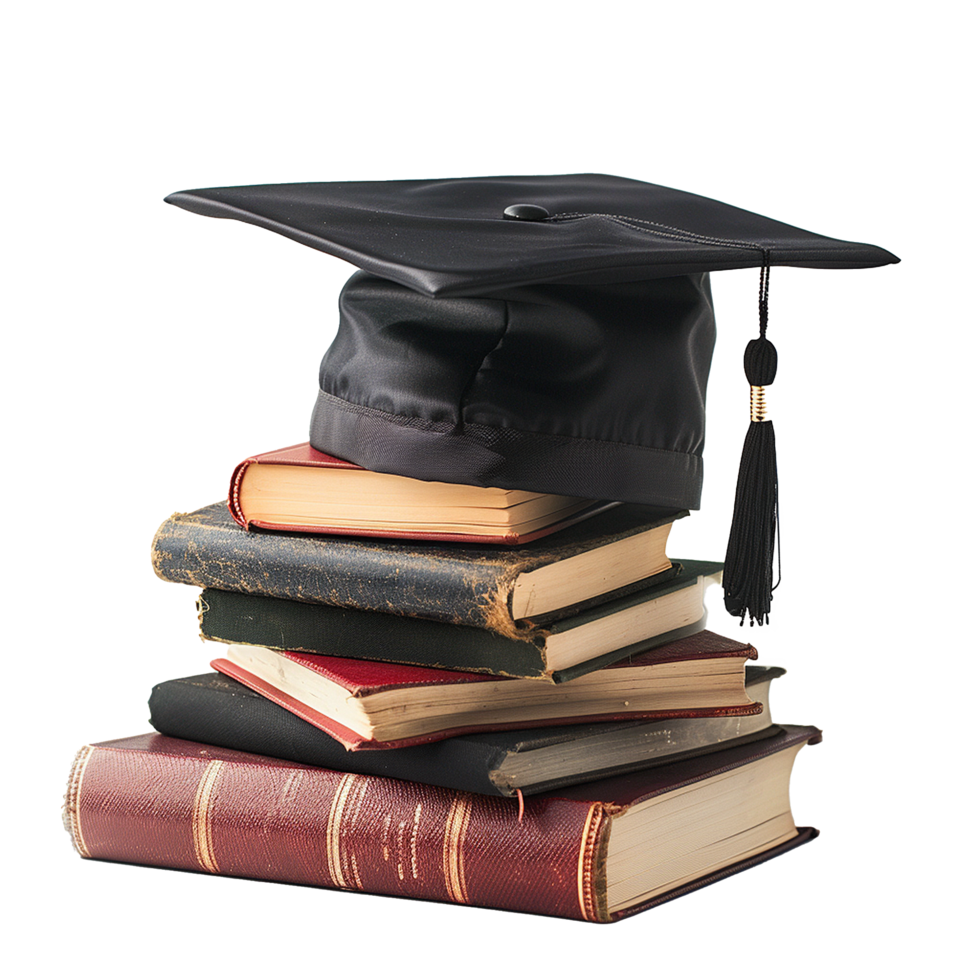 A Graduation Cap Rests Atop a Stack of Old Books Representing Academic Achievement and Knowledge png