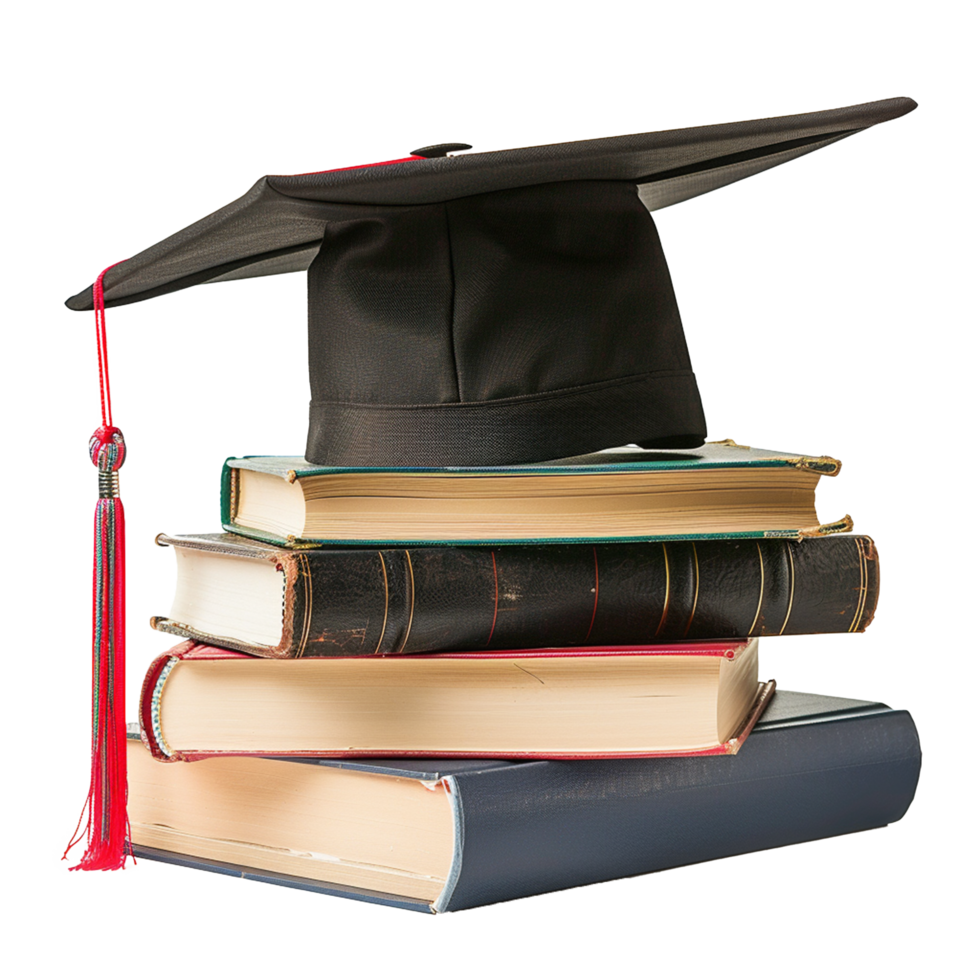 A Black Graduation Cap Rests Upon a Stack of Old Books Representing Academic Achievement and the Pursuit of Knowledge png