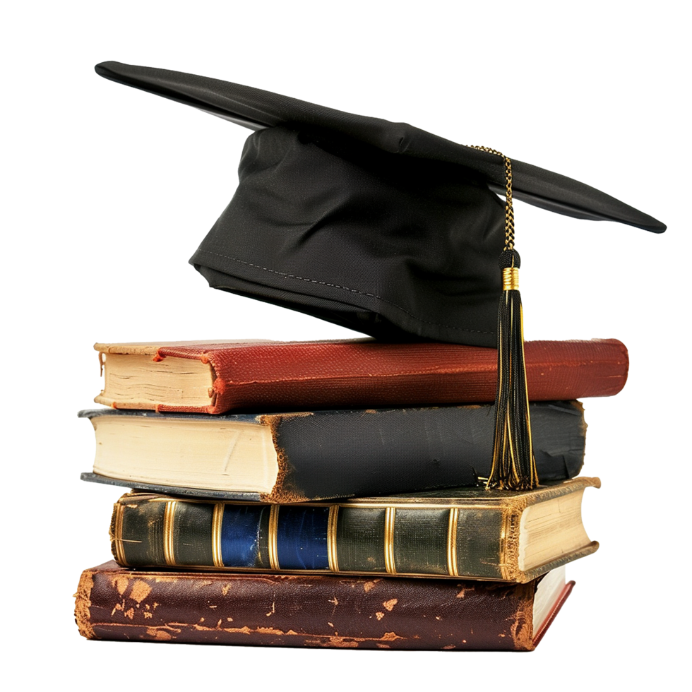 A Graduation Cap Rests Upon a Stack of Antique Books Representing Education and Learning png