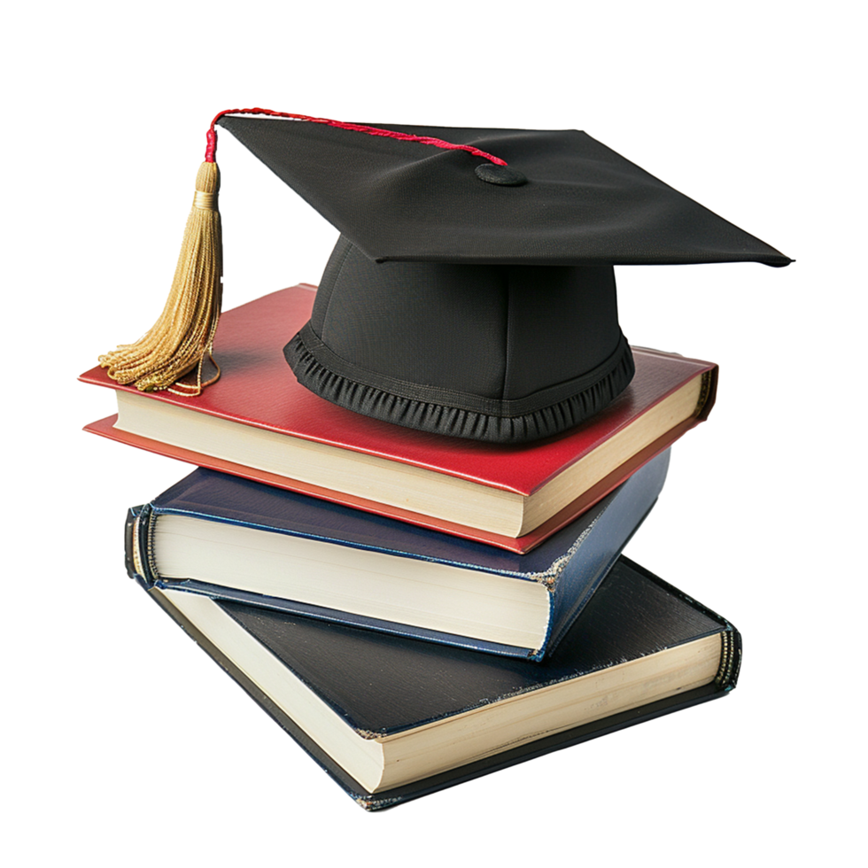 A Black Graduation Cap Rests Atop a Stack of Three Books Representing Academic Achievement and Knowledge png