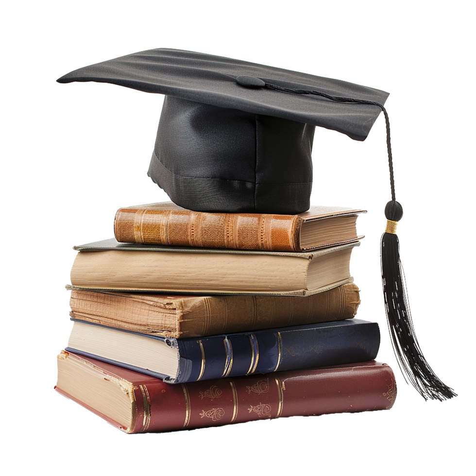 A Graduation Cap Rests Atop a Stack of Old Books Symbolizing Education png