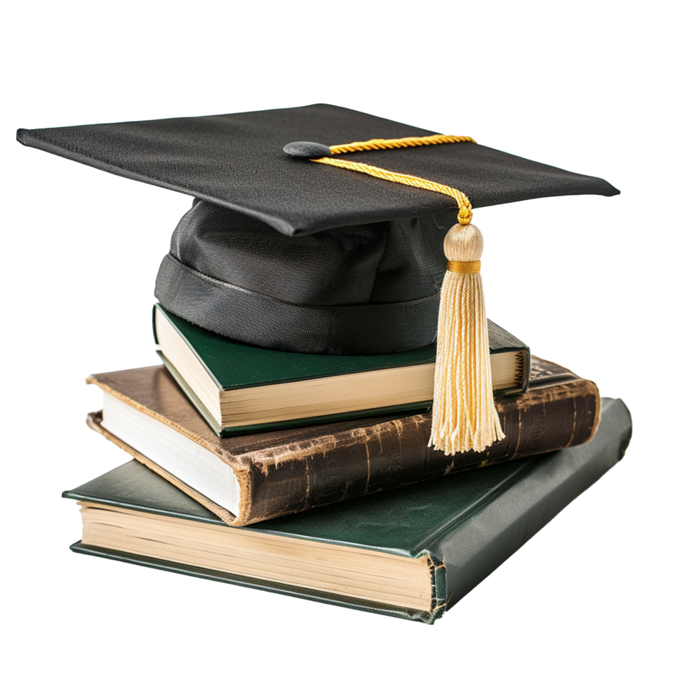 Graduation Cap Atop Stack of Old and New Books Representing Academic Achievement and Learning png