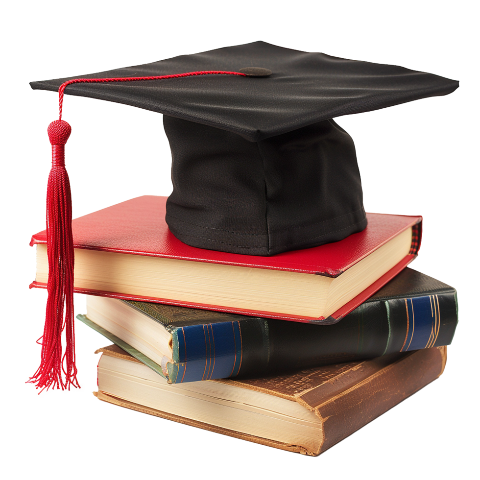 A Graduation Cap Resting on a Stack of Books Representing Academic Achievement and Knowledge png