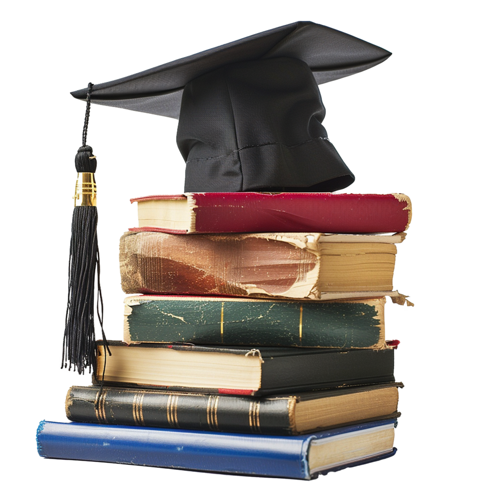 A Graduation Cap Rests Atop a Stack of WellLoved Old Books, Symbolizing Education and Learning png