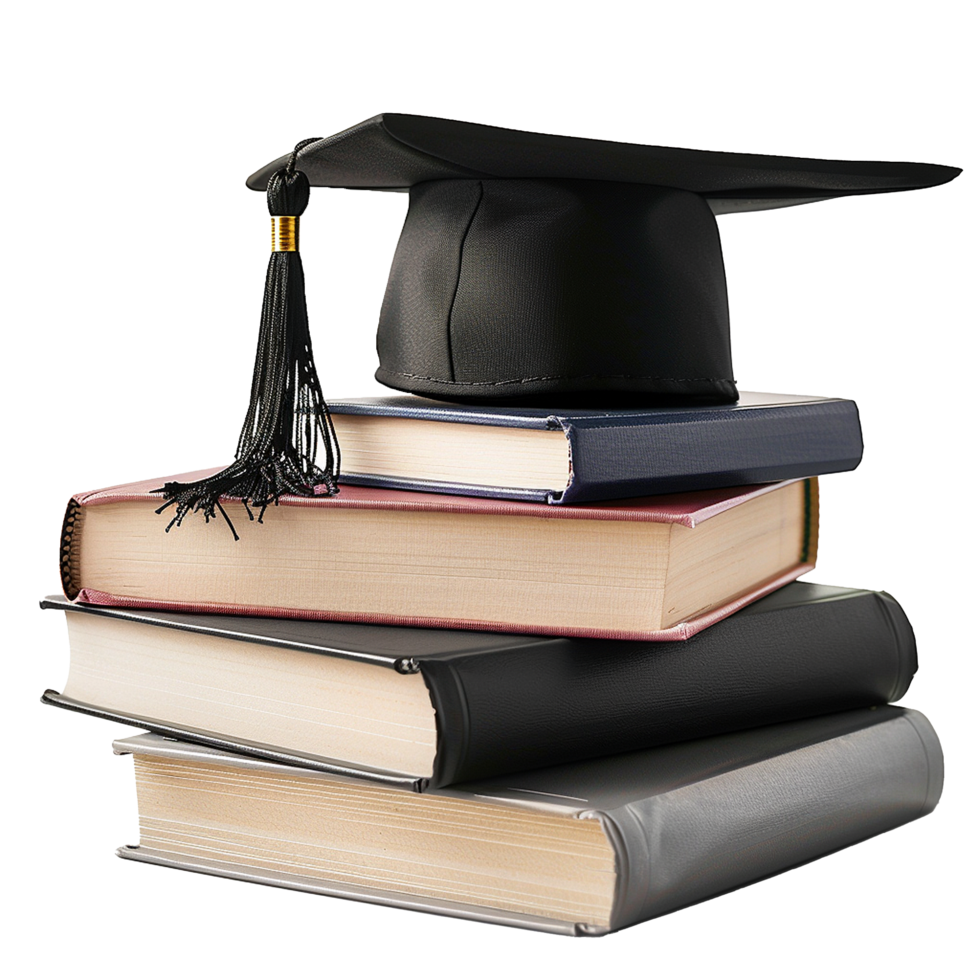 A Graduation Cap Rests Atop a Stack of Books Representing Academic Achievement and Knowledge png