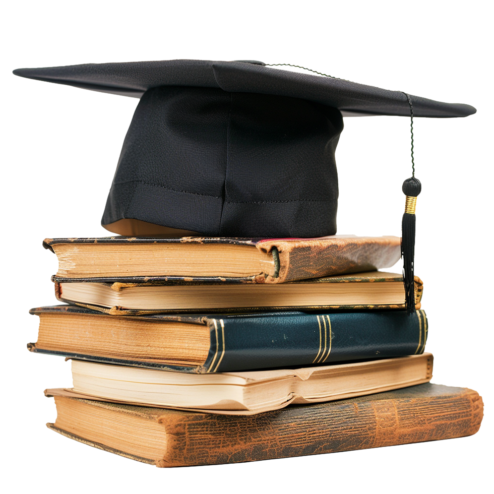 Graduation Cap Resting on a Stack of Old Textbooks and Books png