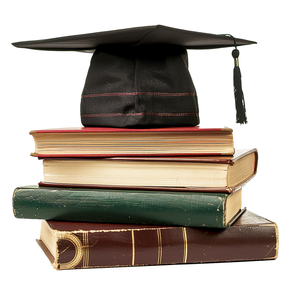 Graduation Cap Atop Stack of Old Books Represents Academic Achievement and Knowledge png