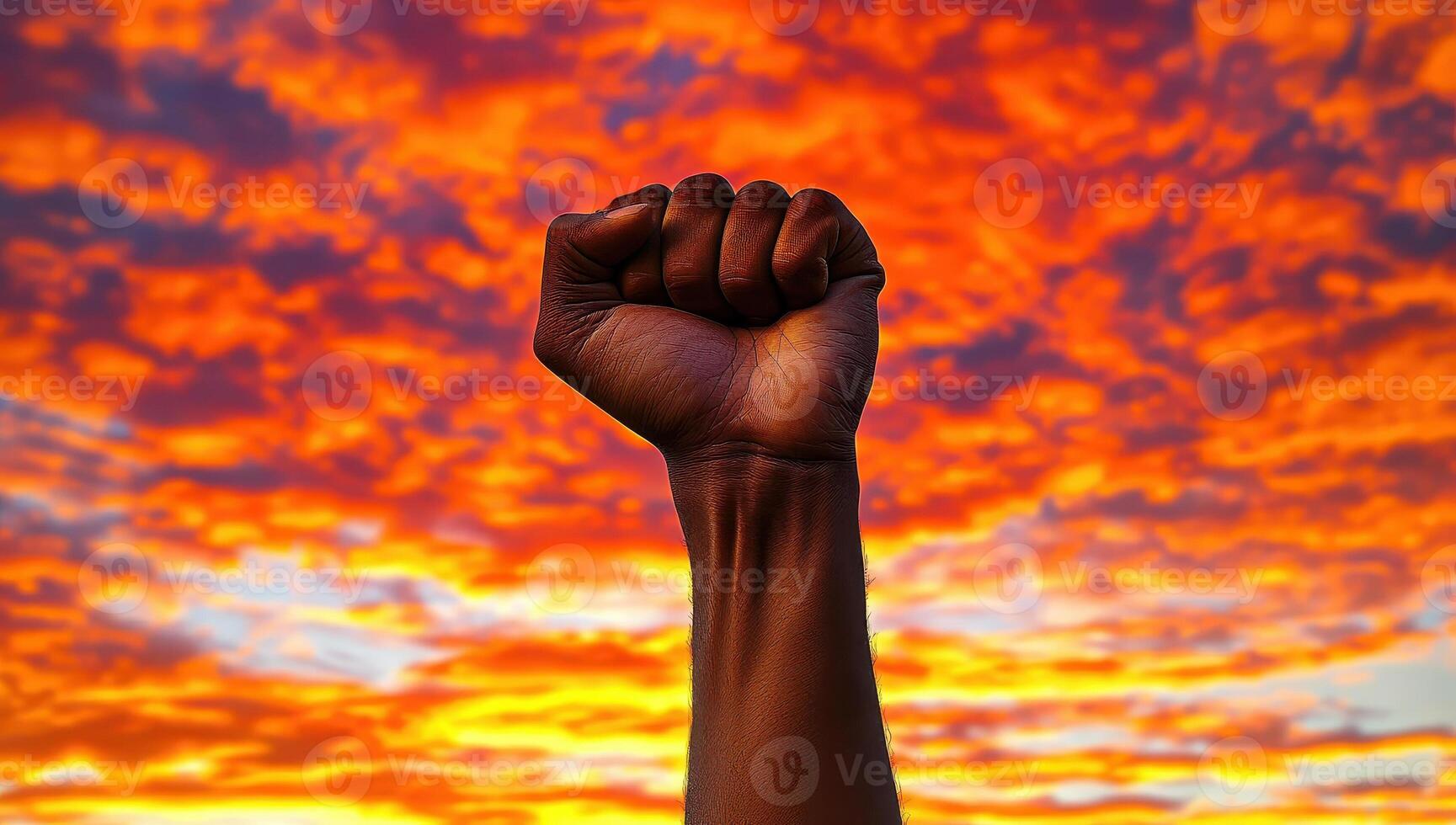 Raised fist of a silhouetted man in front of a dramatic sunset sky, symbolizing power, protest, resistance, and solidarity. photo
