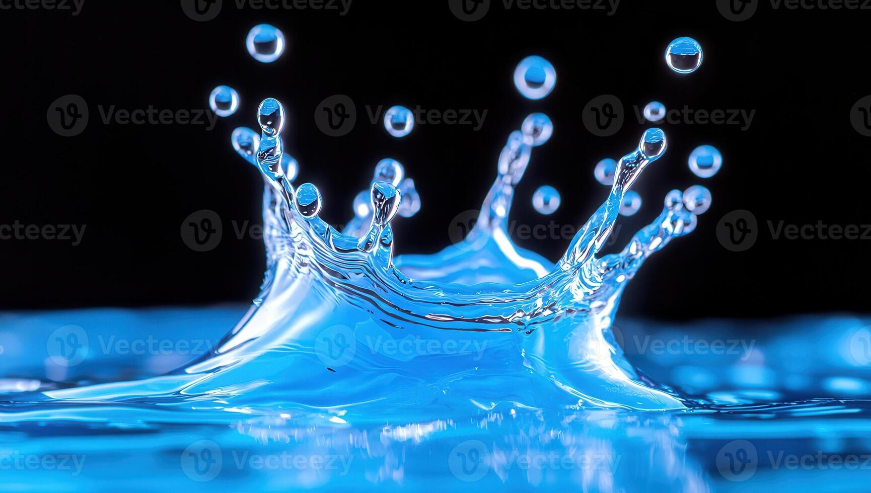 Close up of water droplets splashing in slow motion, creating a beautiful crown shape against a dark background, showcasing the elegance of liquid dynamics. photo