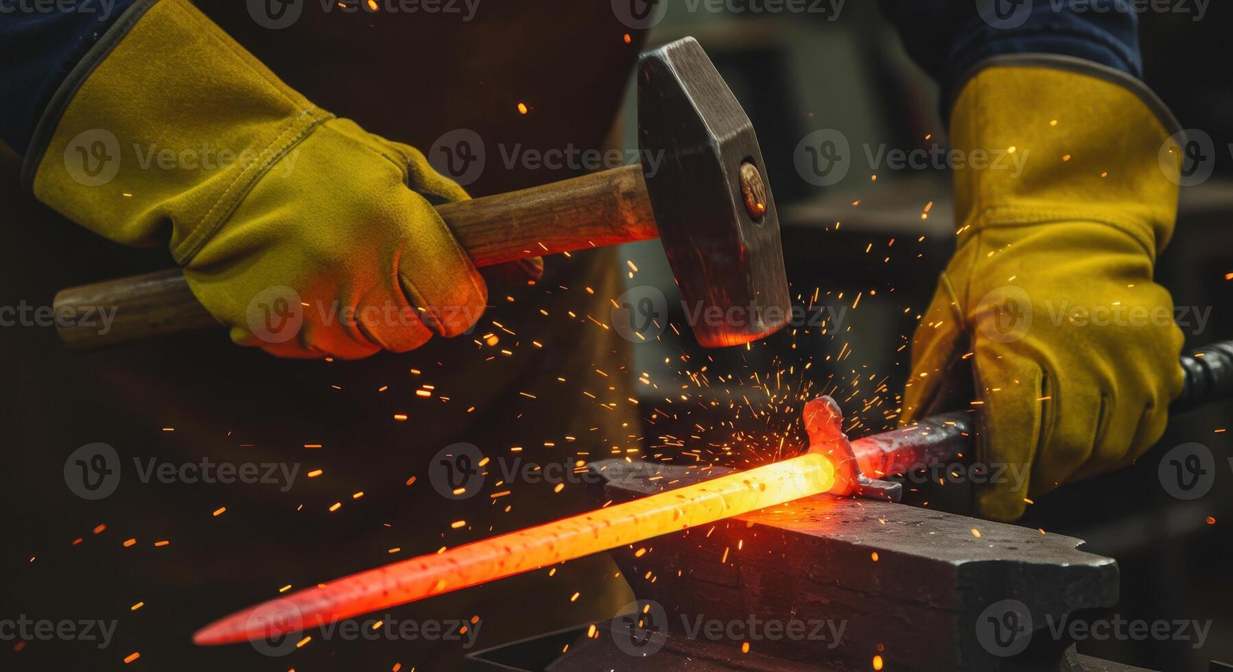 Blacksmith forging a hot metal rod with a hammer, sparks flying. Traditional craftsmanship, metalworking, and manual labor concept. photo