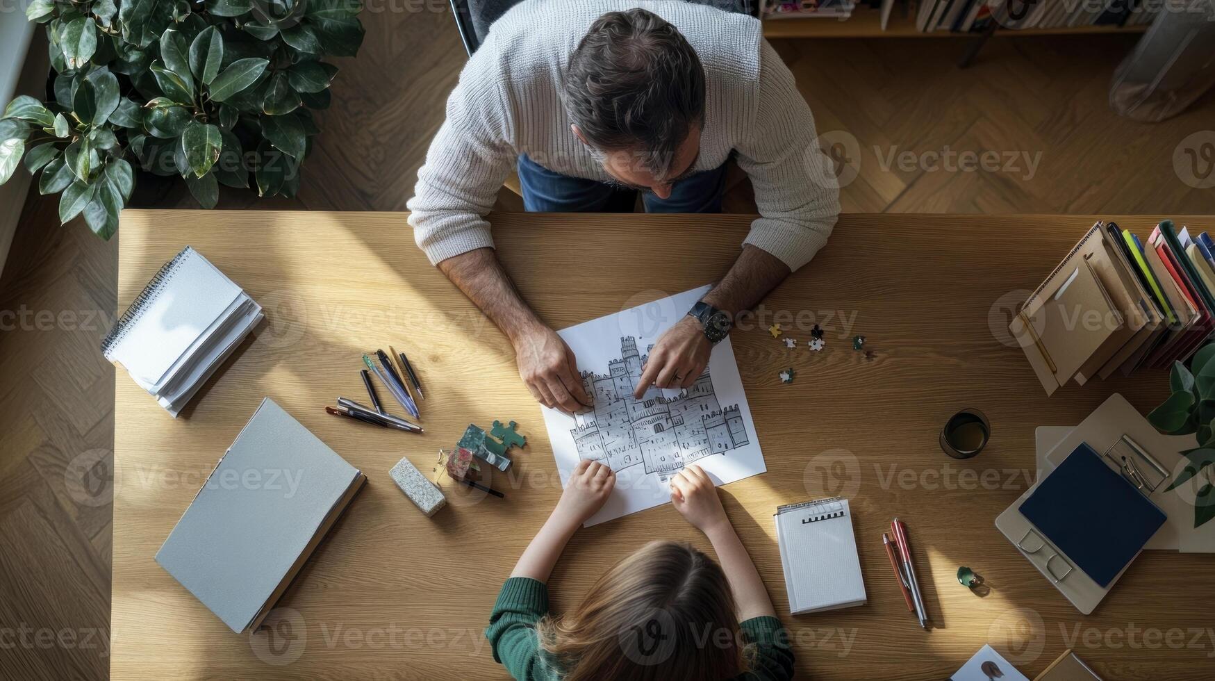 A man and woman working on a project at a desk photo