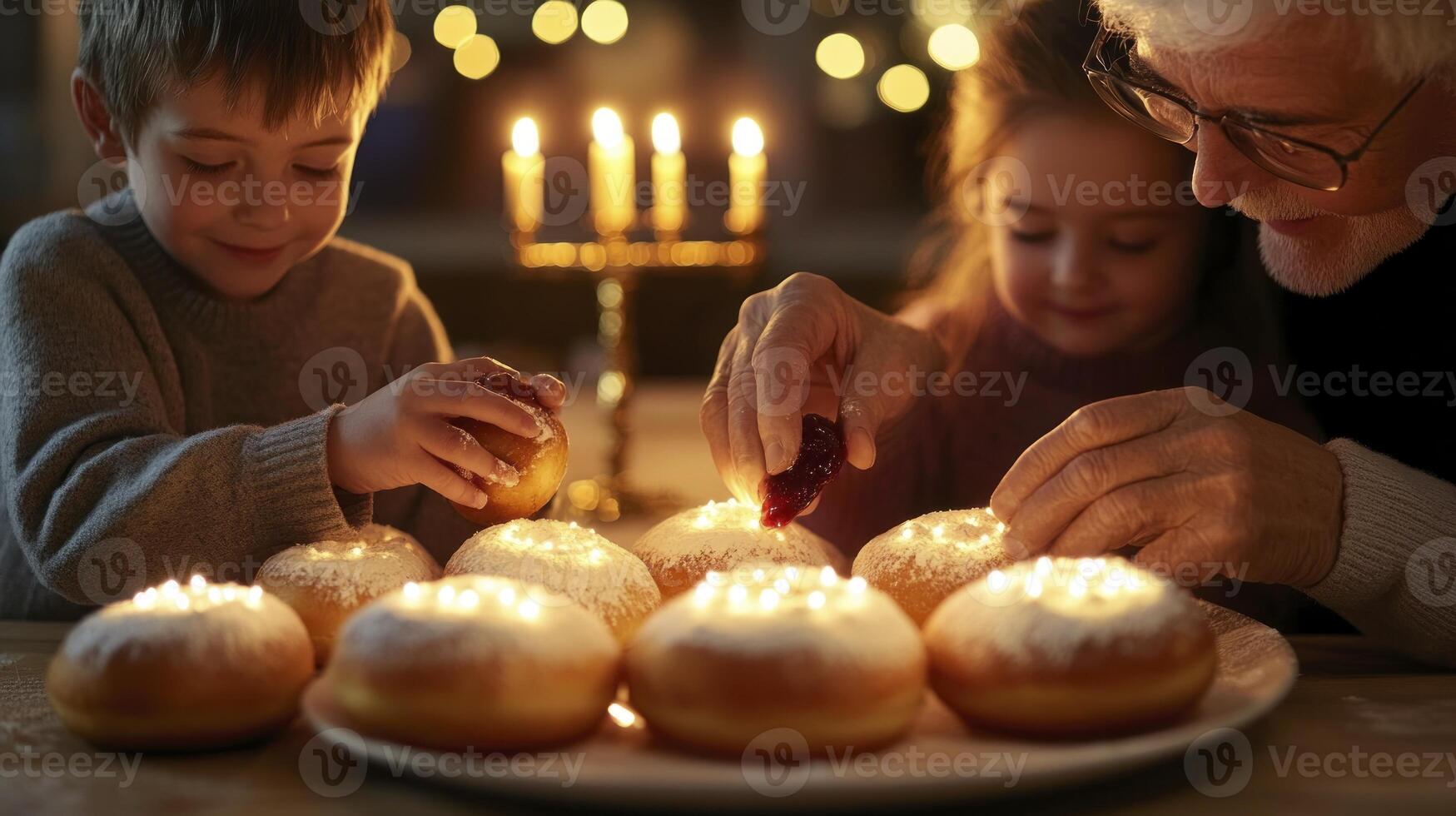 An older man and two children lighting candles on a plate photo