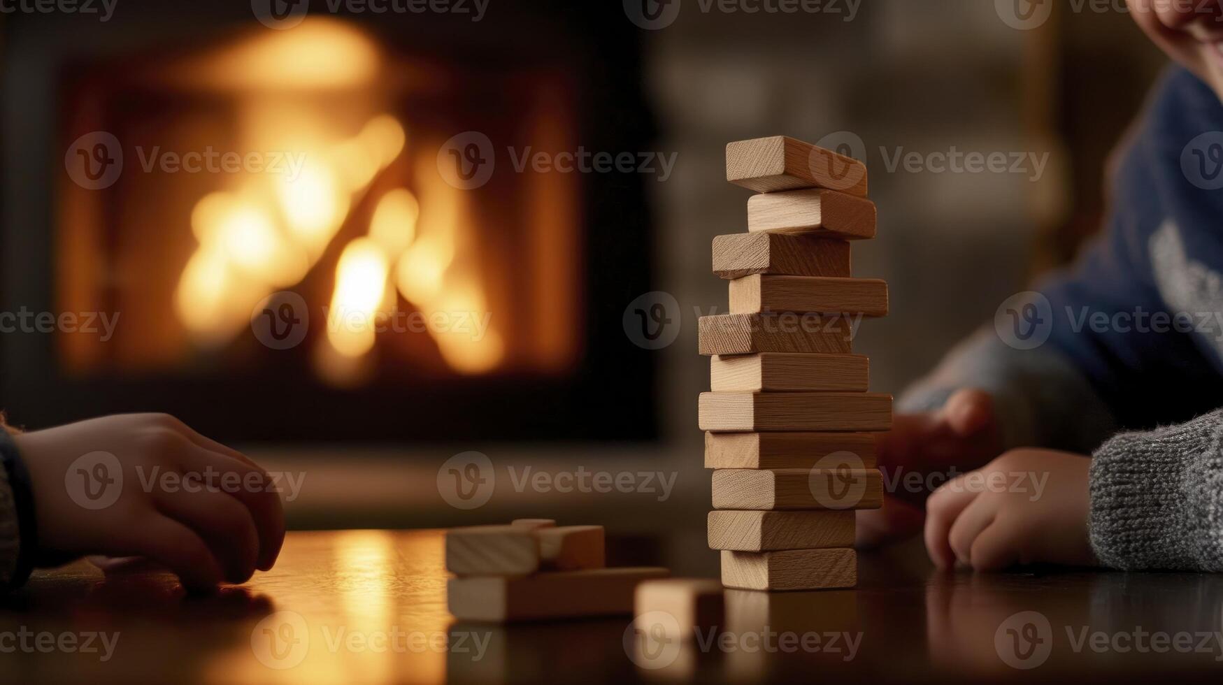 Two children playing with wooden blocks in front of a fireplace photo