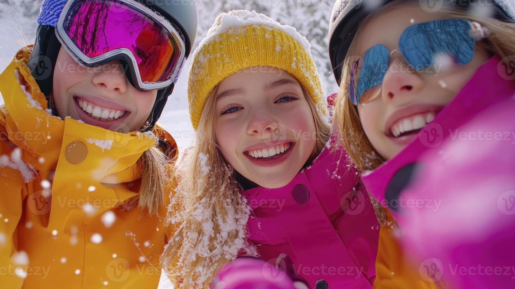 Three girls in ski gear taking a selfie photo