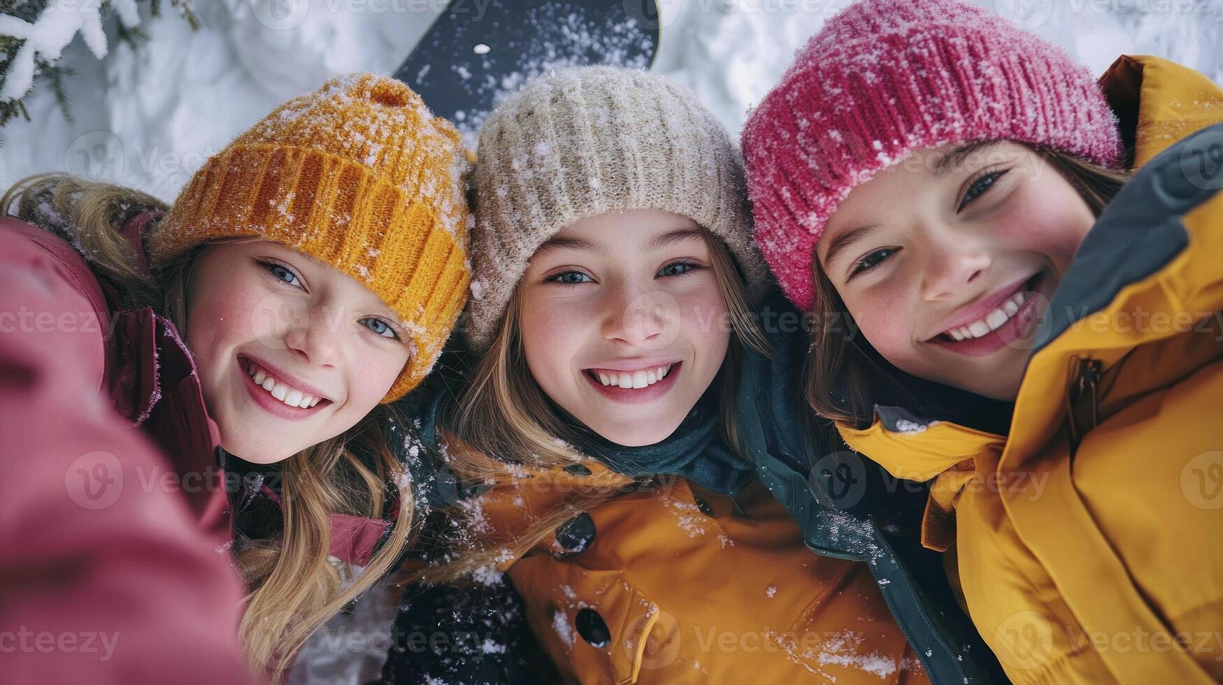 Three girls in winter clothing taking a selfie photo