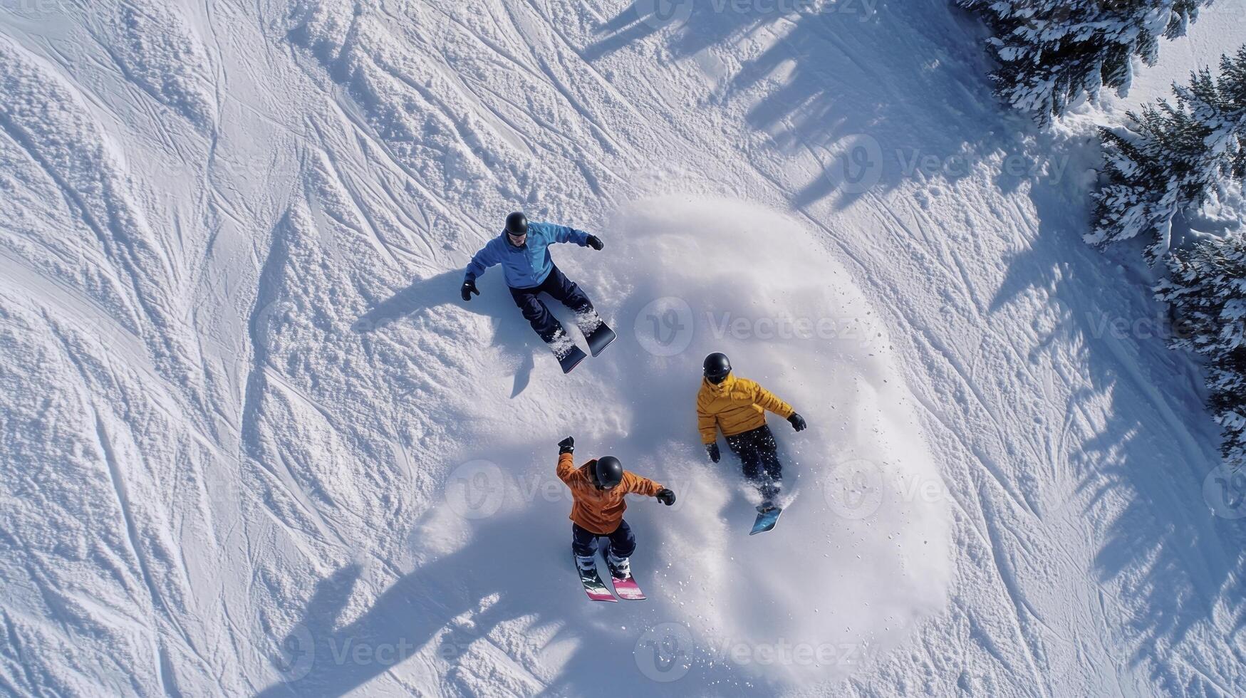 Three people riding snowboards down a snowy slope photo