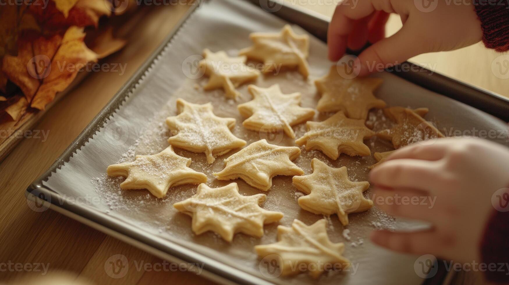 A person is placing cookies on a baking sheet photo