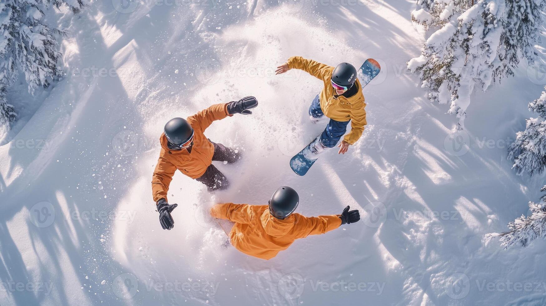 Three people are riding snowboards in the snow photo