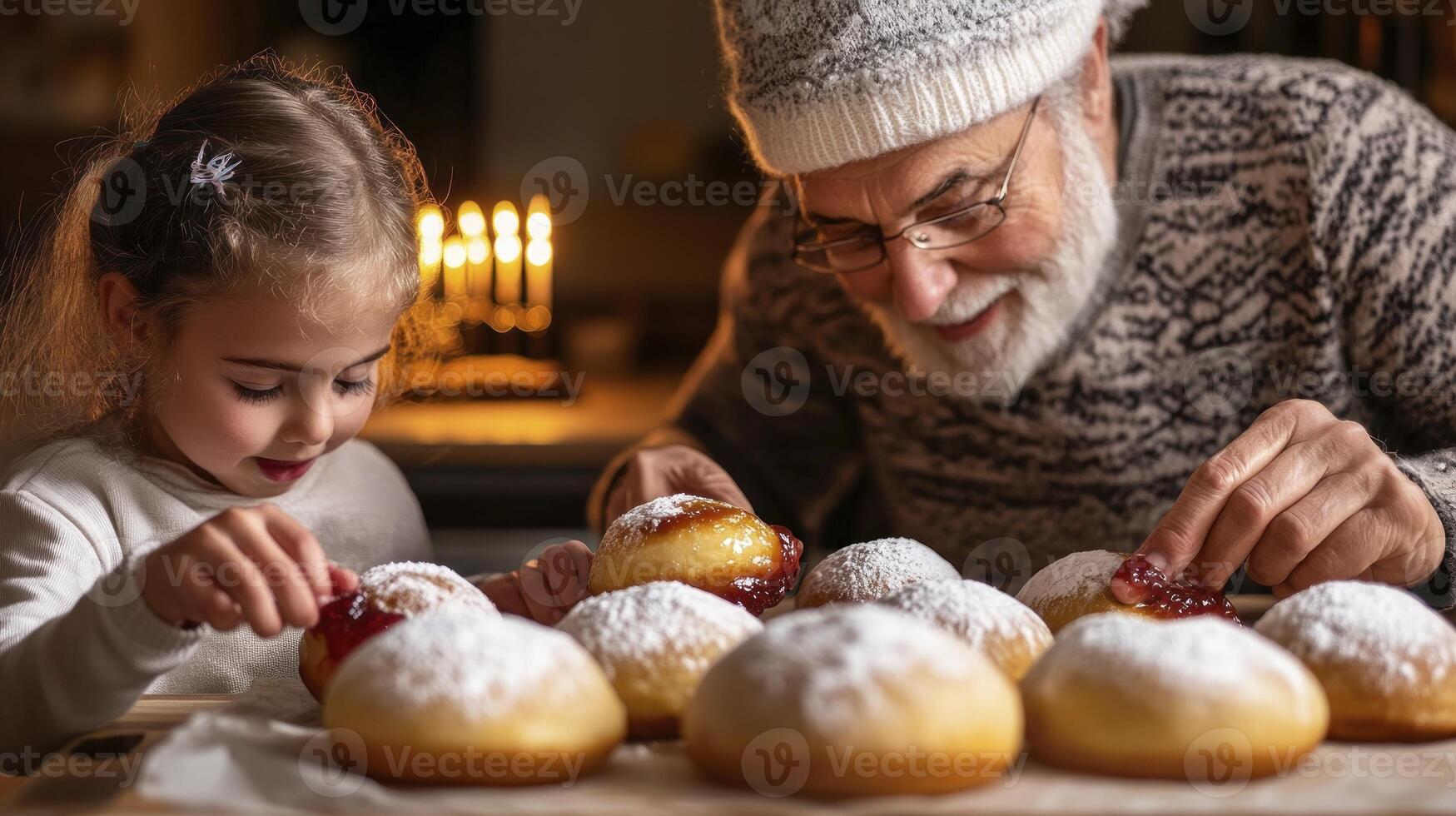 An old man and a little girl are eating doughnuts photo
