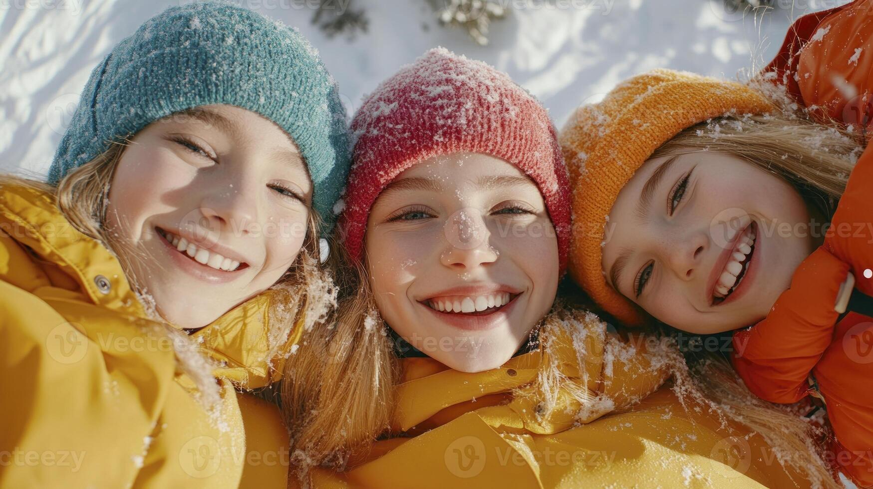 Three girls in winter clothes smiling and posing for the camera photo