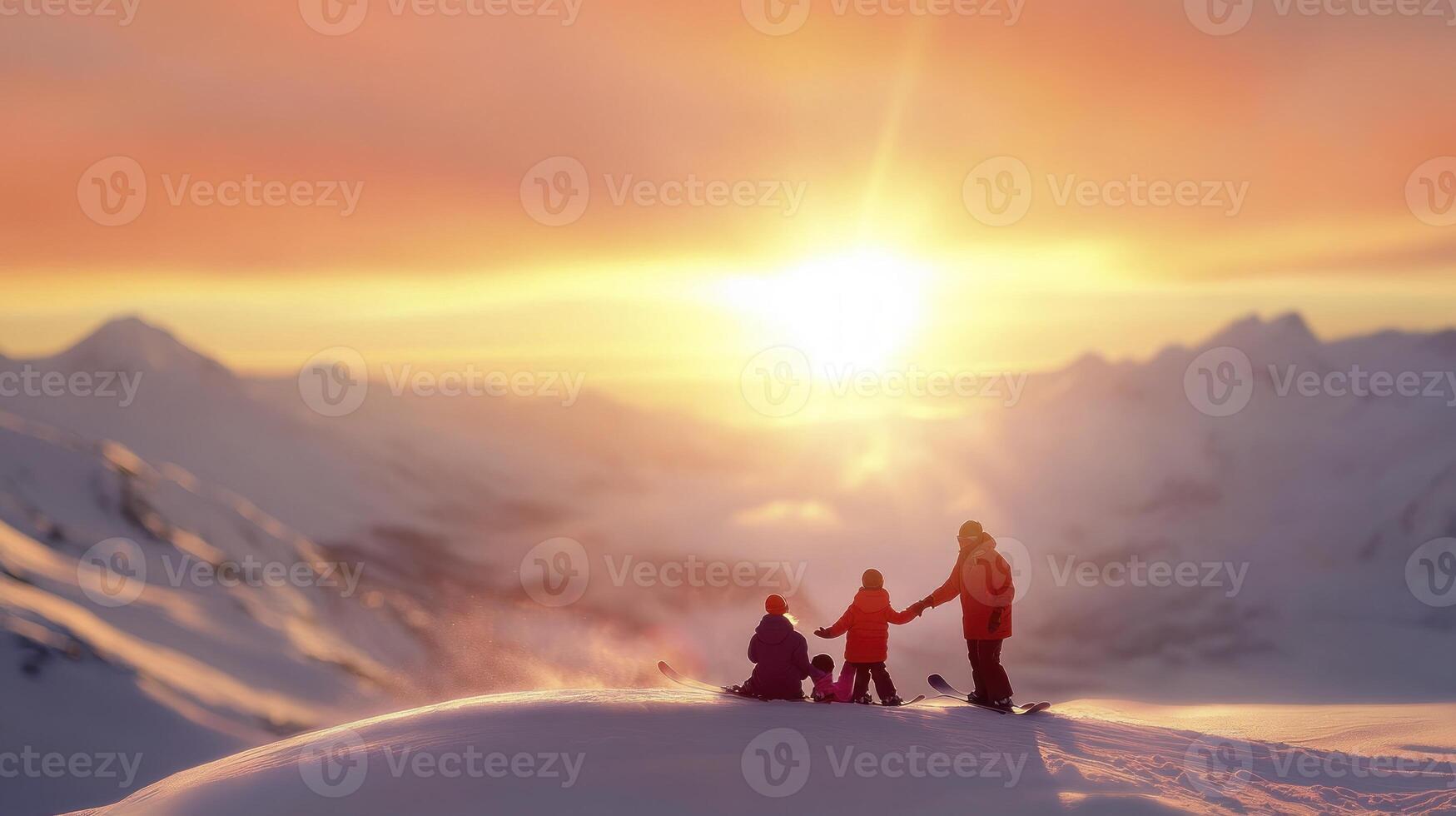 A family is standing on a snowy mountain with the sun setting photo