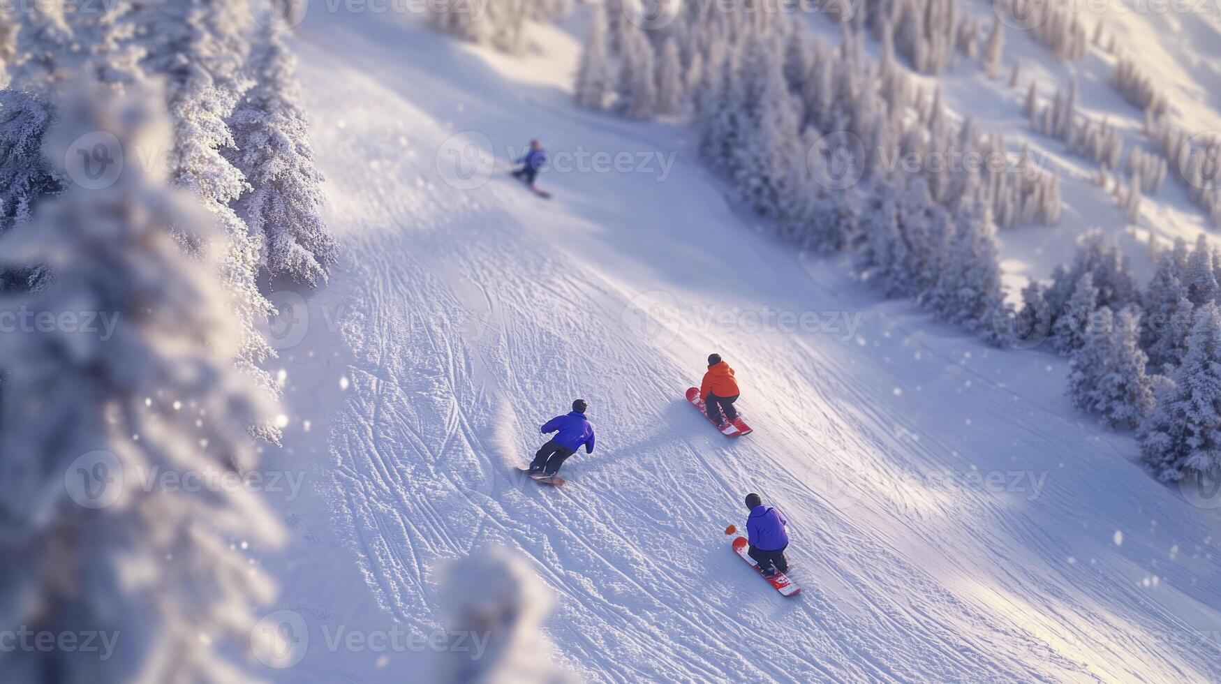 Three people are skiing down a snowy slope photo