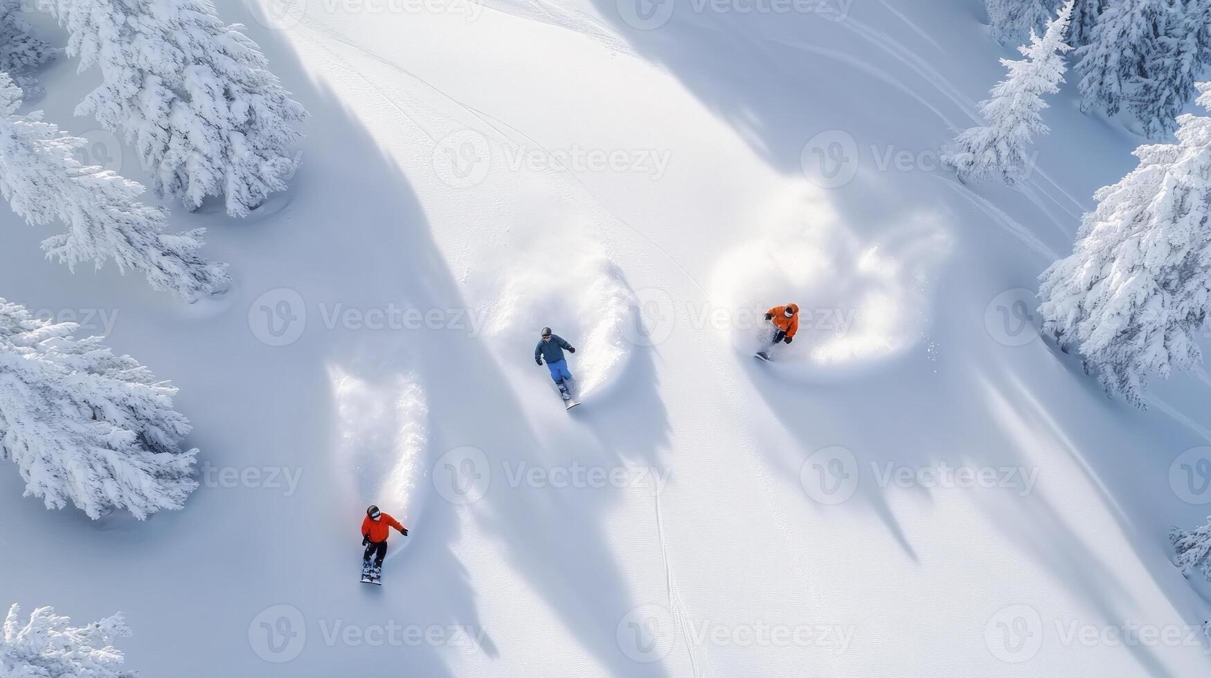 Three people skiing down a snowy slope photo