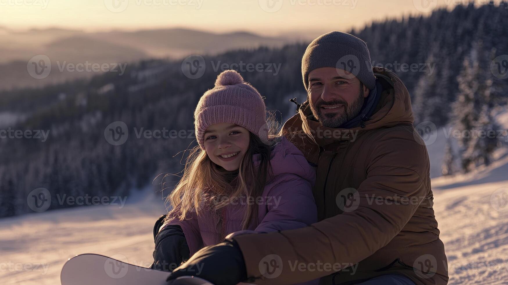 A man and a woman sitting on a snowboard photo