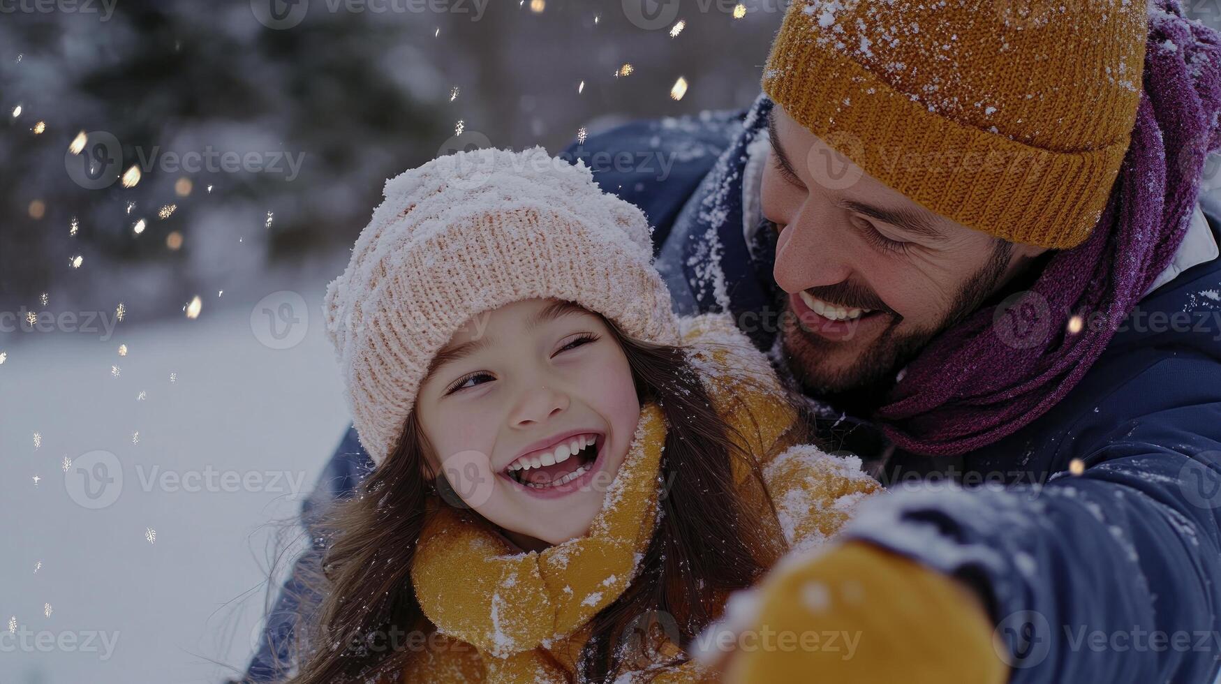 A man and a little girl are smiling in the snow photo