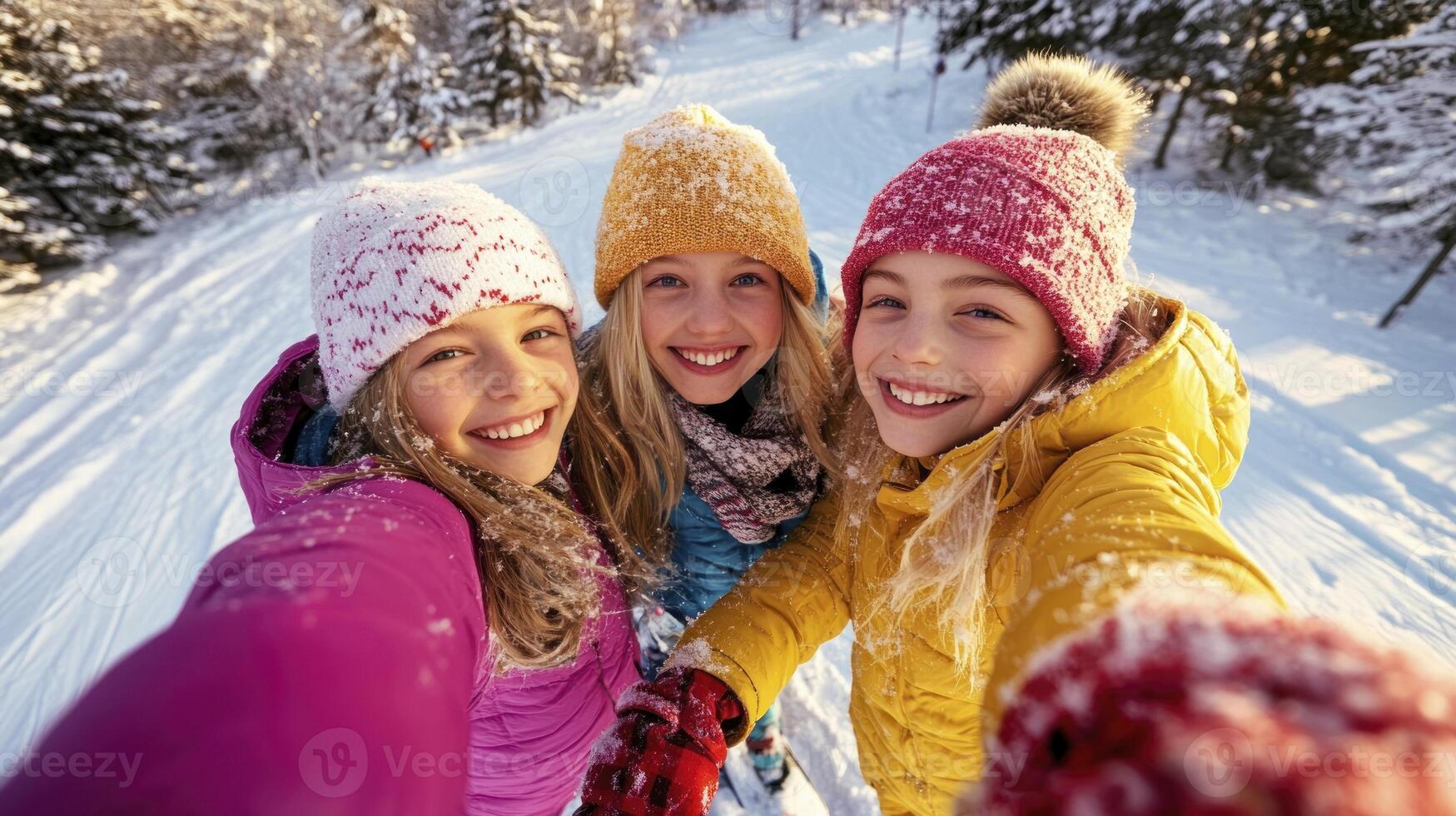 Three girls taking a selfie in the snow photo