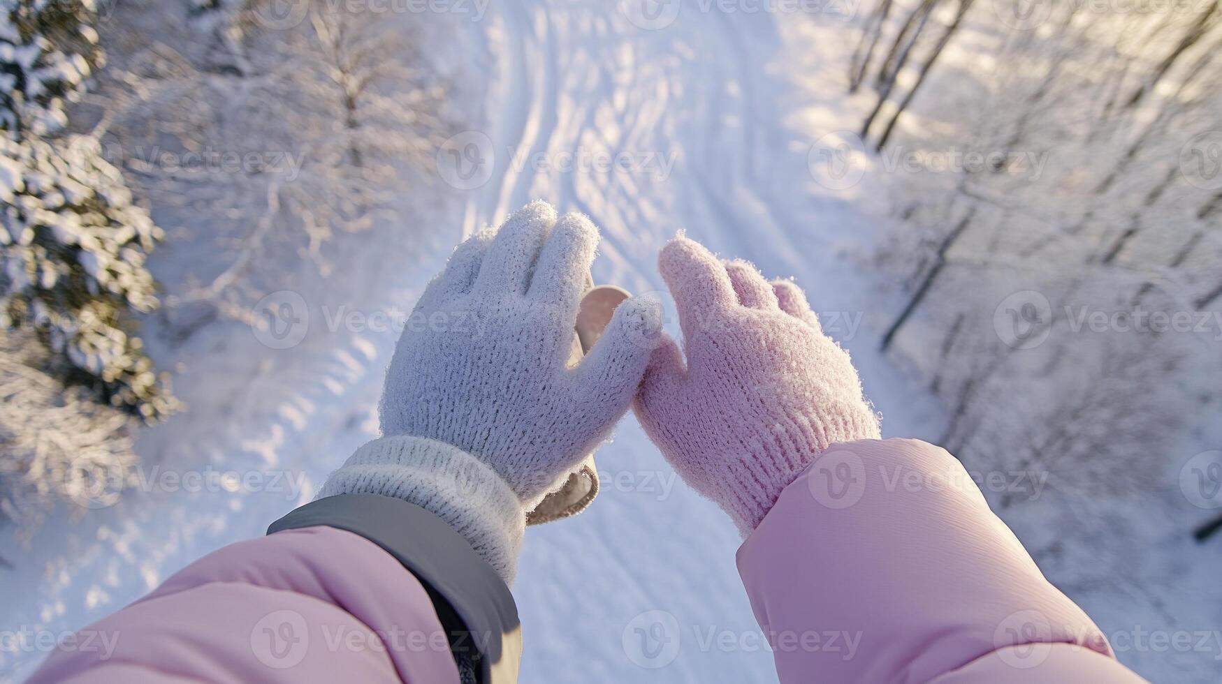 Two hands in pink gloves holding up a snow covered road photo