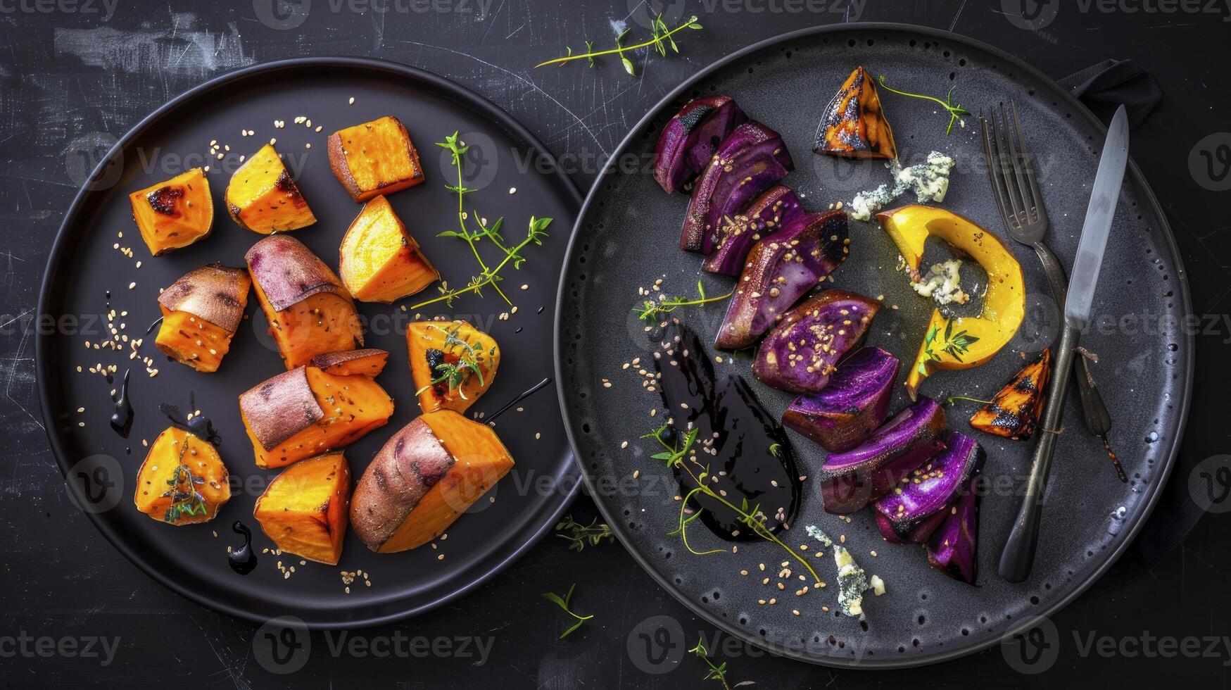 Two plates with vegetables and a knife photo