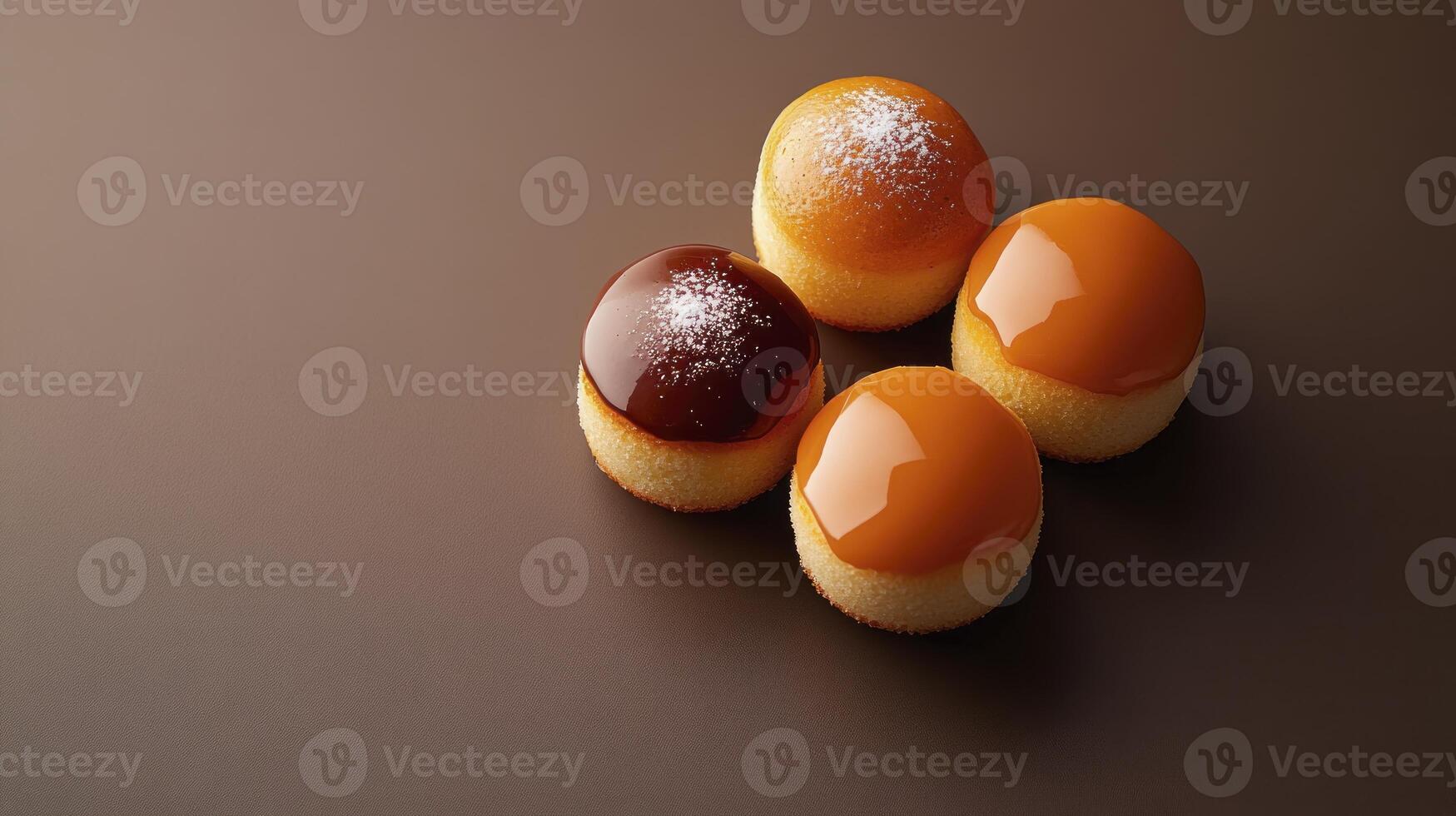 Four small cakes with chocolate and sugar on a brown surface photo
